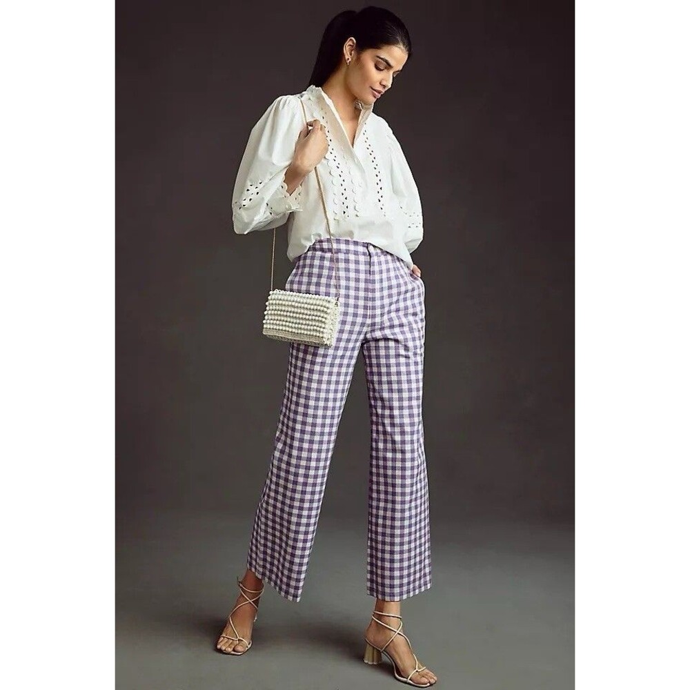 Anthropologie Purple Gingham Ankle-Length Cropped Pants